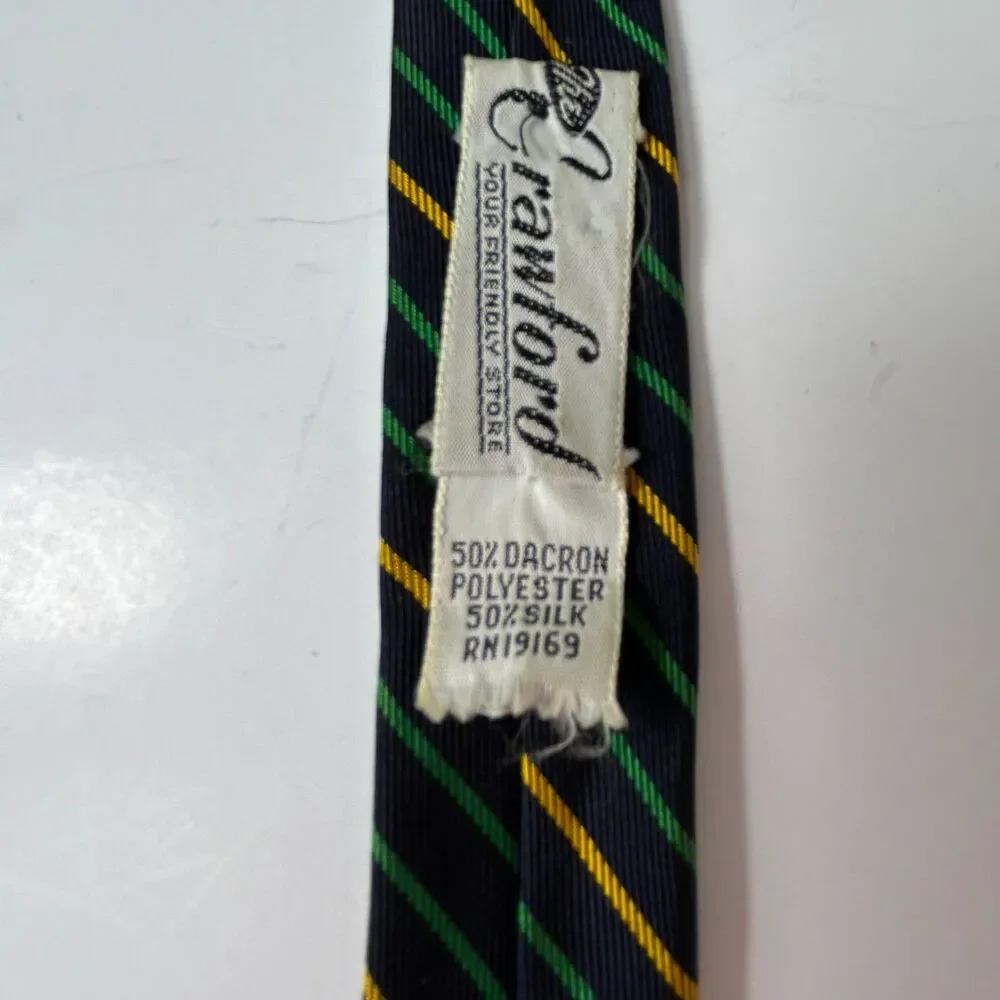 The Crawford Men's Navy Green Gold Diagonal Striped VTG 1960s Dakron/Silk Tie